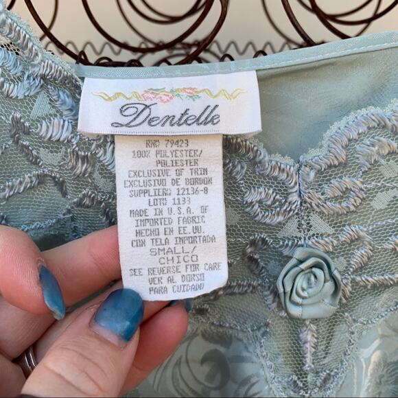 Vintage Dentelle slinky lace camisole slip sage blue floral SMALL - Picture 3 of 4